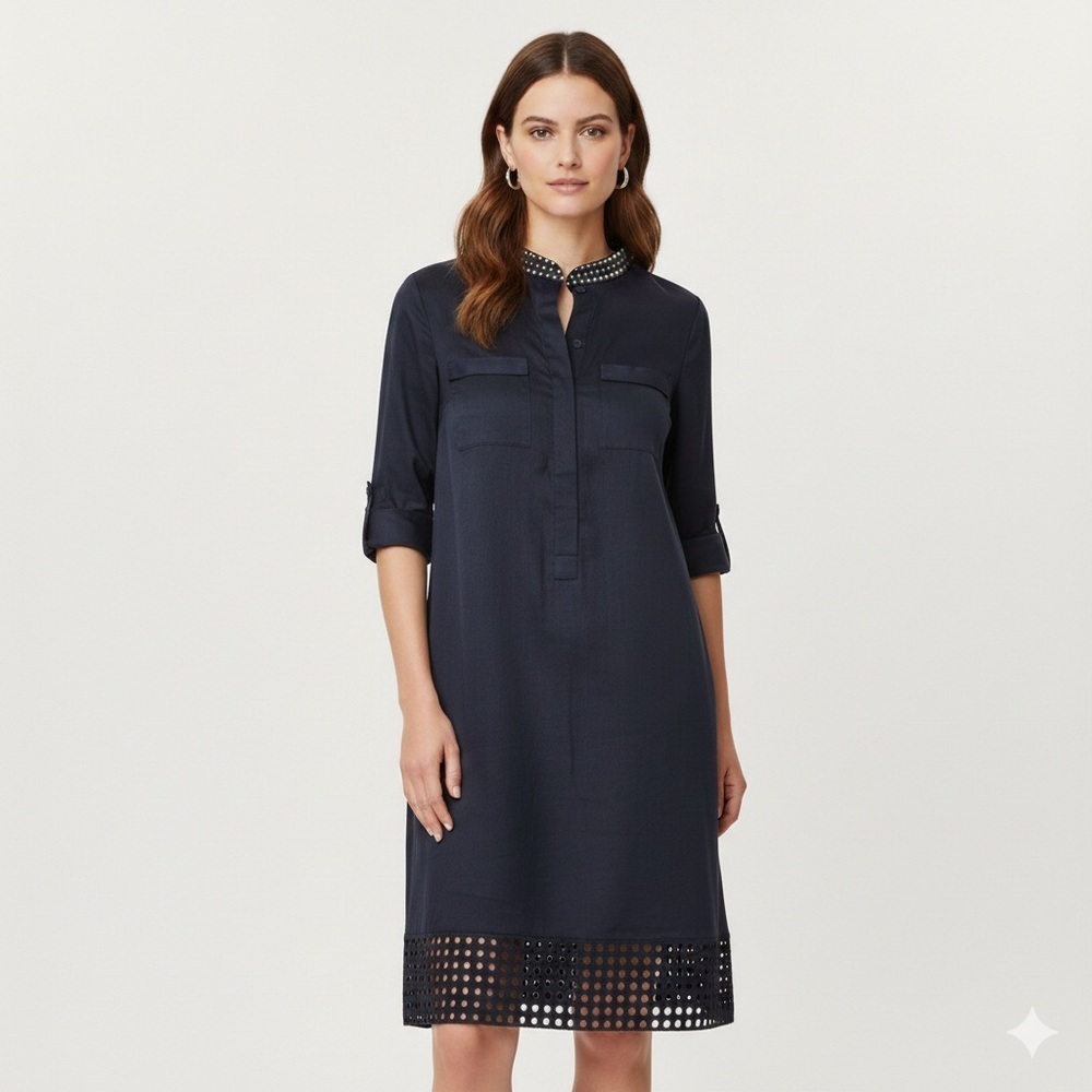 Elie Tahari Austin Dress Midnight Navy Eyelet Shift Utility Vibe Laser Cut NWT